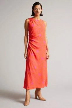Ted Baker Deep-Pink Luissaa Ruched Side Detail Midi Dress -TED BAKER Sales Store unnamed file 1110