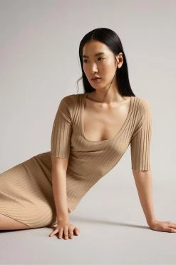 Ted Baker Brown Kiierra Lt-Brown Low Back Detail Knit Dress -TED BAKER Sales Store unnamed file 1163