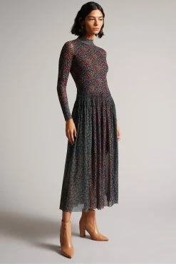 Ted Baker Black Meadoww Mesh Dress With Smocking