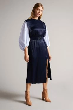 Ted Baker Kaytei Navy Blue Belted Midi Dress With Puff Sleeve