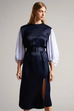 Ted Baker Kaytei Navy Blue Belted Midi Dress With Puff Sleeve -TED BAKER Sales Store unnamed file 1274