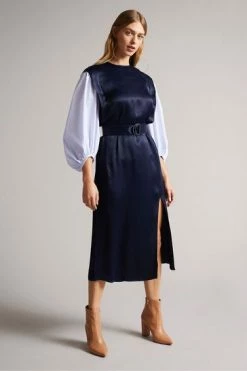 Ted Baker Kaytei Navy Blue Belted Midi Dress With Puff Sleeve -TED BAKER Sales Store unnamed file 1277