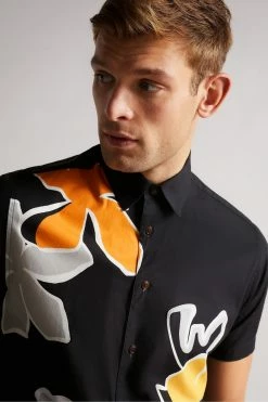 Ted Baker Olympik Black Floral Placement Print Short Sleeve Shirt -TED BAKER Sales Store unnamed file 1569