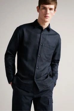 Ted Baker Belvue Blue Long Sleeved Heavy Linen Blend Shirt