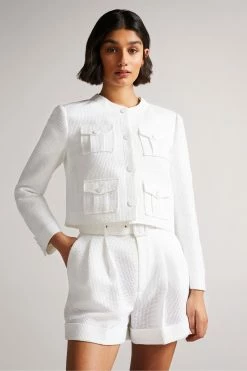 Ted Baker White Alera Cropped Boxy Jacket With Cargo Styling