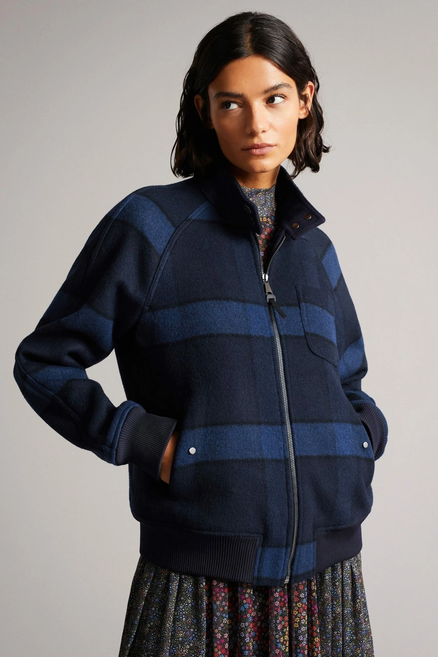 Ted Baker Leinora Blue Relaxed Fit Check Harrington Jacket 3 Ted Baker Leinora Blue Relaxed Fit Check Harrington Jacket