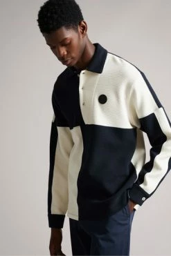 Ted Baker Wickam Navy Long Sleeve Textured Polo Shirt -TED BAKER Sales Store unnamed file 4019