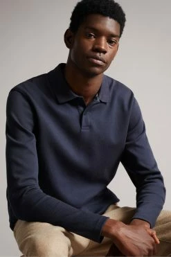 Ted Baker Baddow Navy Blue Long Sleeve Heavy Twill Jersey Polo Shirt -TED BAKER Sales Store unnamed file 4123