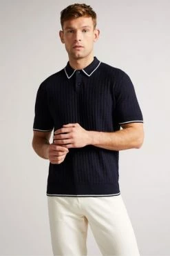 Ted Baker Navy Blue Pitfeld Knitted Stitch Polo Shirt -TED BAKER Sales Store unnamed file 4278