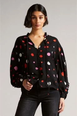 Ted Baker Black Sunrai Spot Print Frilled Blouse