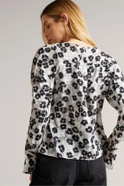 Ted Baker Taurius Mid Grey Ruched Detail Top With Keyhole -TED BAKER Sales Store unnamed file 4531