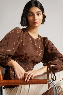 Ted Baker Trissia Dark Brown Spot Jacquard Tie Back Top -TED BAKER Sales Store unnamed file 4560