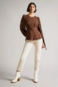 Ted Baker Trissia Dark Brown Spot Jacquard Tie Back Top -TED BAKER Sales Store unnamed file 4561