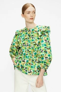 Ted Baker Green Gigie Printed Frill Shoulder Balloon Sleeve Top -TED BAKER Sales Store unnamed file 4674
