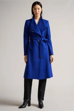 Ted Baker Blue Rose Midi Wool Wrap Coat With Shoulder Panels