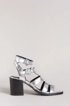 TED BAKER Sales Store 79 Ted Baker Silver Taylay Strappy Block Heeled Crinkled Leather Sandals