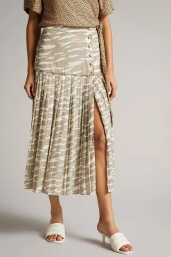 Ted Baker Brown Zebra Camel Dropped Waist Pleated Midi Skirt