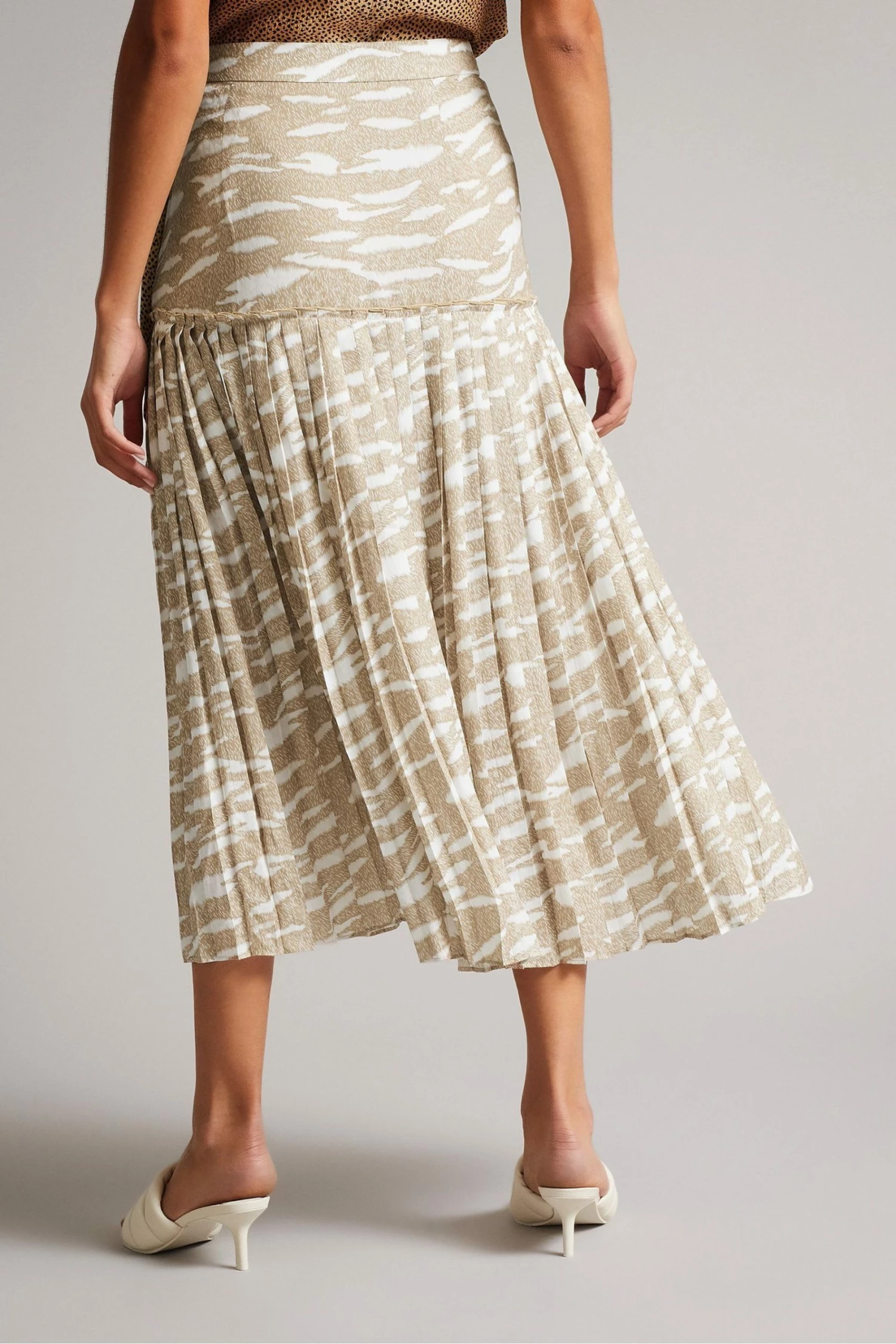 Ted Baker Brown Zebra Camel Dropped Waist Pleated Midi Skirt 4 Ted Baker Brown Zebra Camel Dropped Waist Pleated Midi Skirt - Image 2