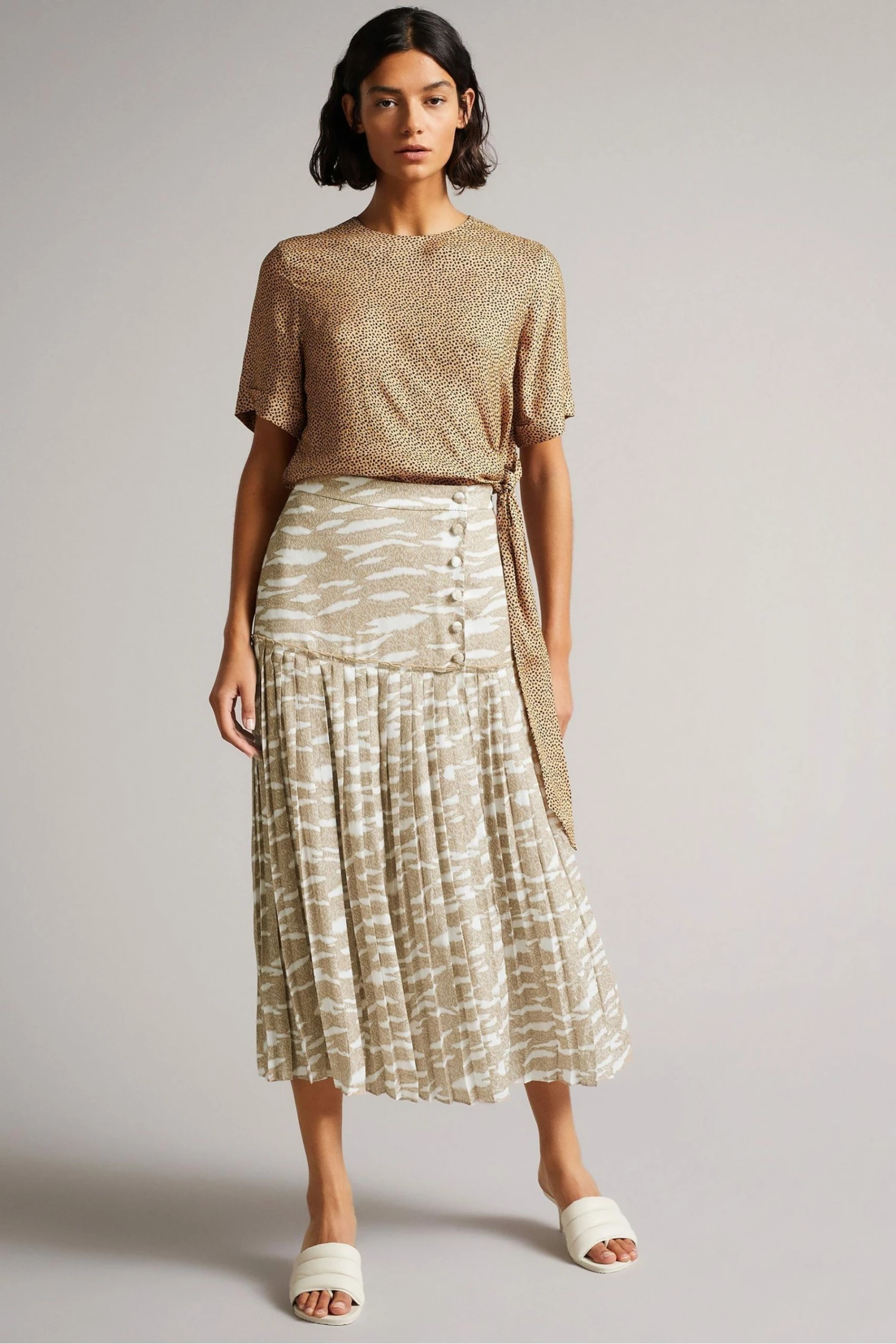Ted Baker Brown Zebra Camel Dropped Waist Pleated Midi Skirt 5 Ted Baker Brown Zebra Camel Dropped Waist Pleated Midi Skirt - Image 3