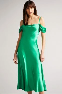 Ted Baker Esta Mid-Green Cold Shoulder Cowl Front Midi Slip Dress
