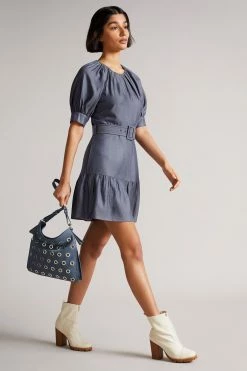 Ted Baker Damiale Dk-Blue Self Belt Detail Mini Dress
